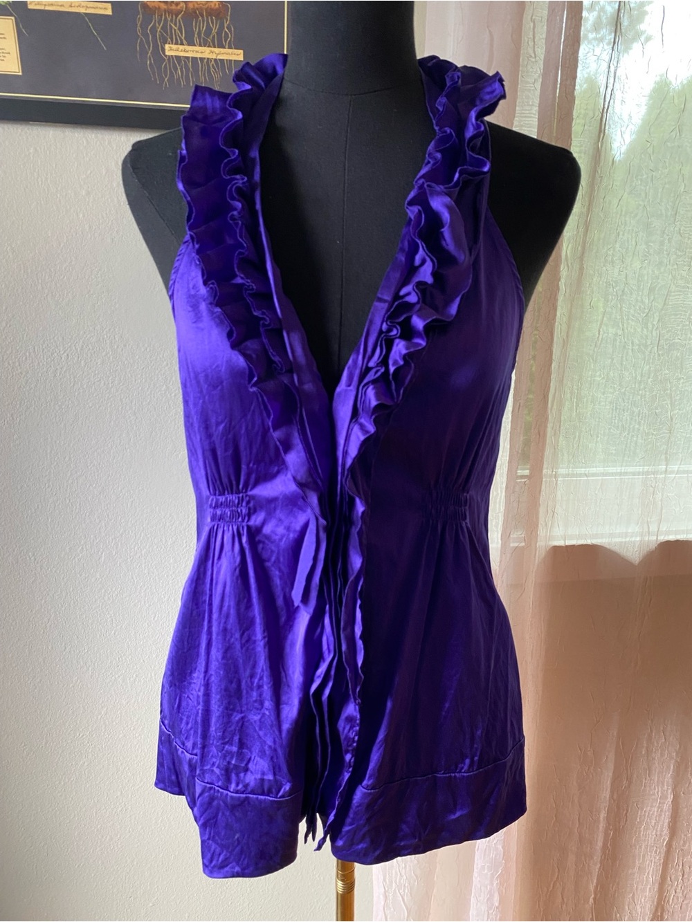 BCBG Purple Silk Ruffle Halter Top (size M/L)
